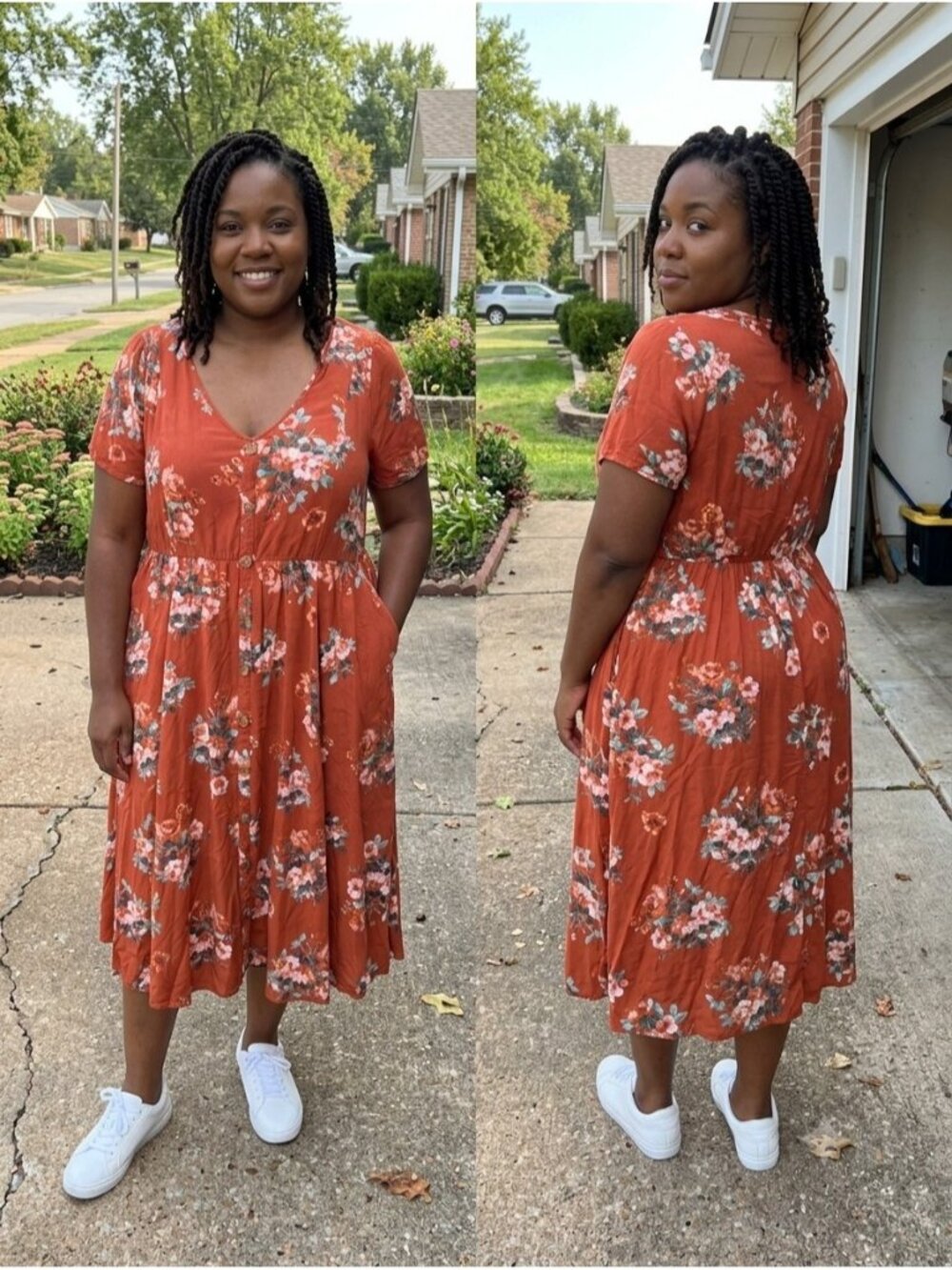 Torrid Womens 1 1X Rust Orange Floral Stretch Challis Faux Buttons Midi Dress